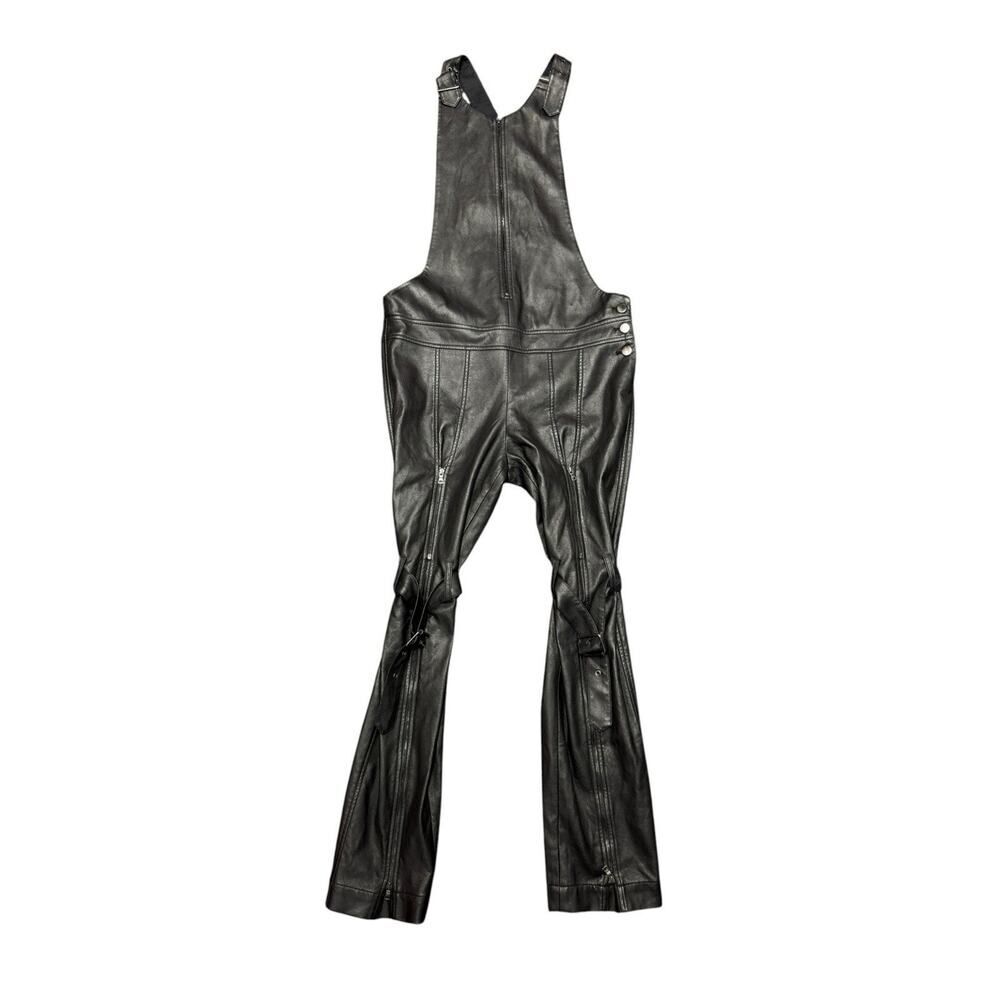 BCBGMAXAZRIA Runway Faux Leather Jumpsuit Black Moto Flare Medium - Picture 2 of 10